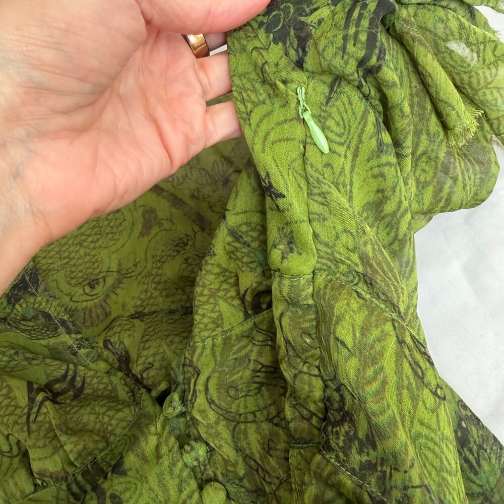 Urban Outfitters Dragon Print Sheer Maxi Dress Green Deep V Slit Women’s M - Picture 10 of 16